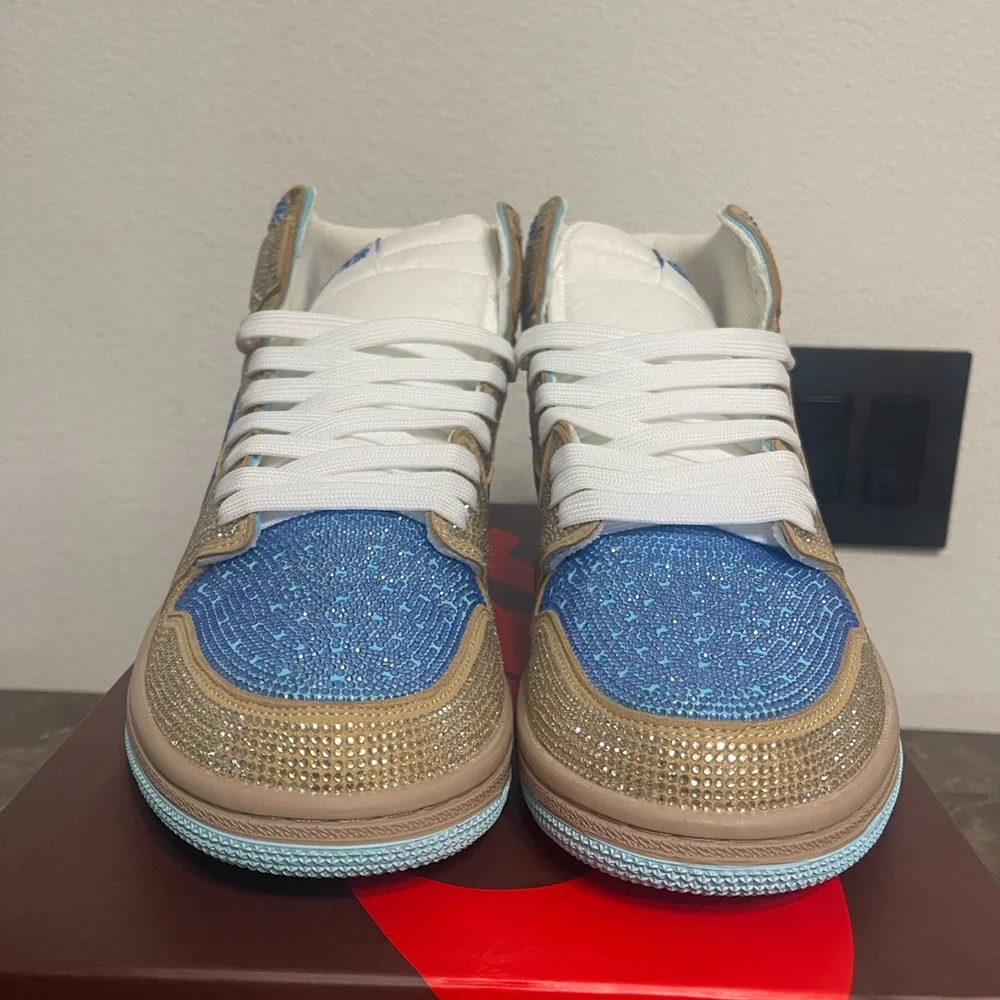 Custom Blue & Gold Rhinstone Nike Air Jordan Sneakers Euro 46, Fits Men's 10.5